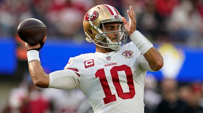 San Francisco 49ers quarterback Jimmy Garoppolo (10) looks to throw during the first half of an NFL football game against the Los Angeles Rams, Sunday, Jan. 9, 2022, in Inglewood, Calif.